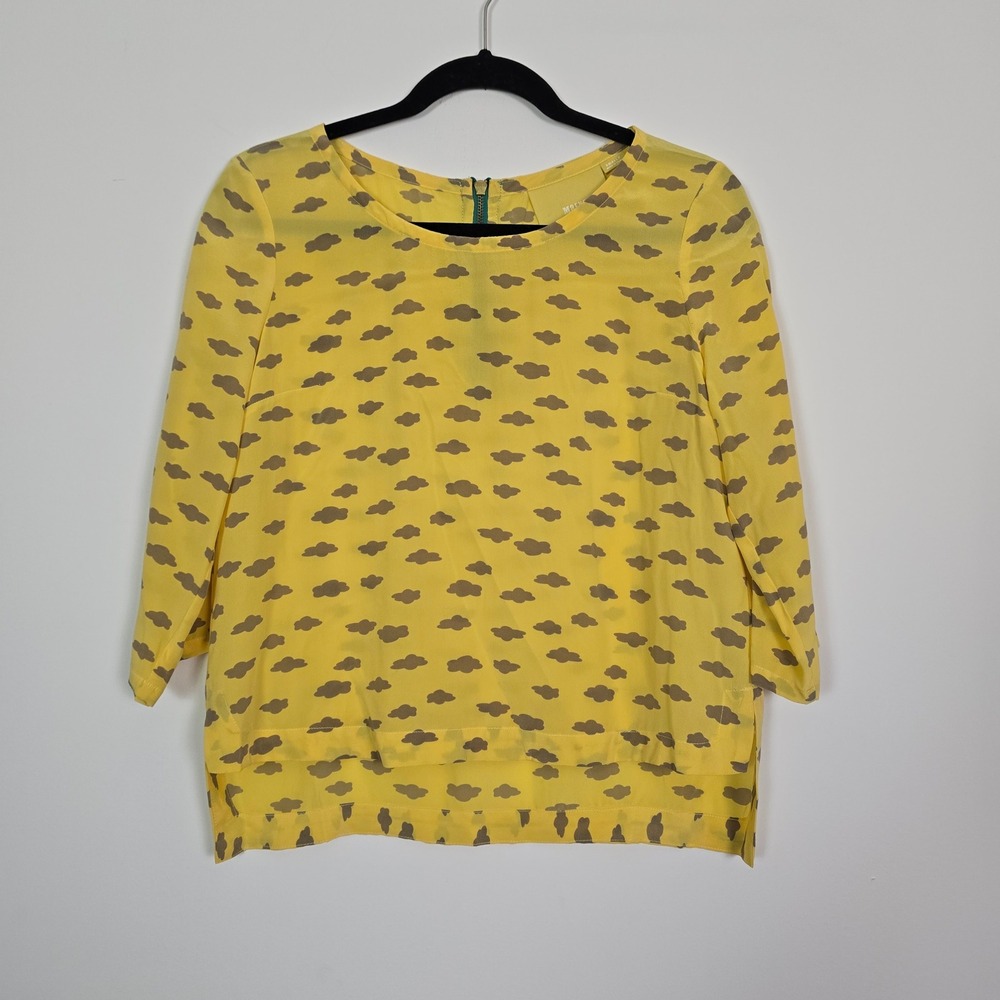 Maeve Linosa Blouse Womens Size Petite S Yellow Grey Cloud 100% Silk Whimsical